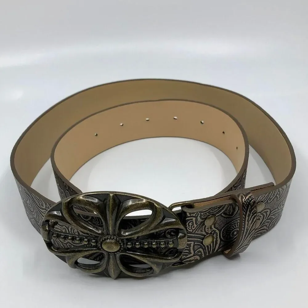Women’s Brown Faux Leather Belt w/ Antique Gold Buckle, 28-36.5 Inches, X7G9A747